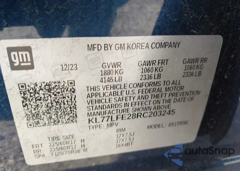 2024 Chevrolet Trax Fwd Sp from USA, damaged, VIN KL77LFE28RC203245